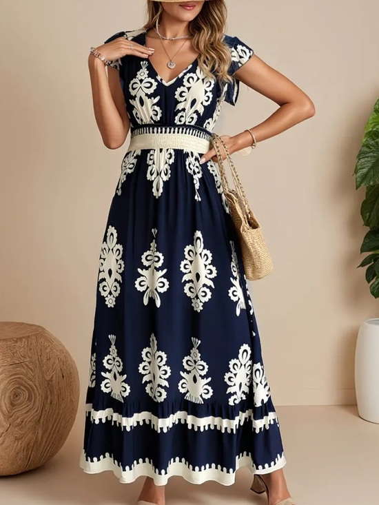 None Dresses & Skirts - BOHO Style Navy Blue & Cream Maxi Dress
